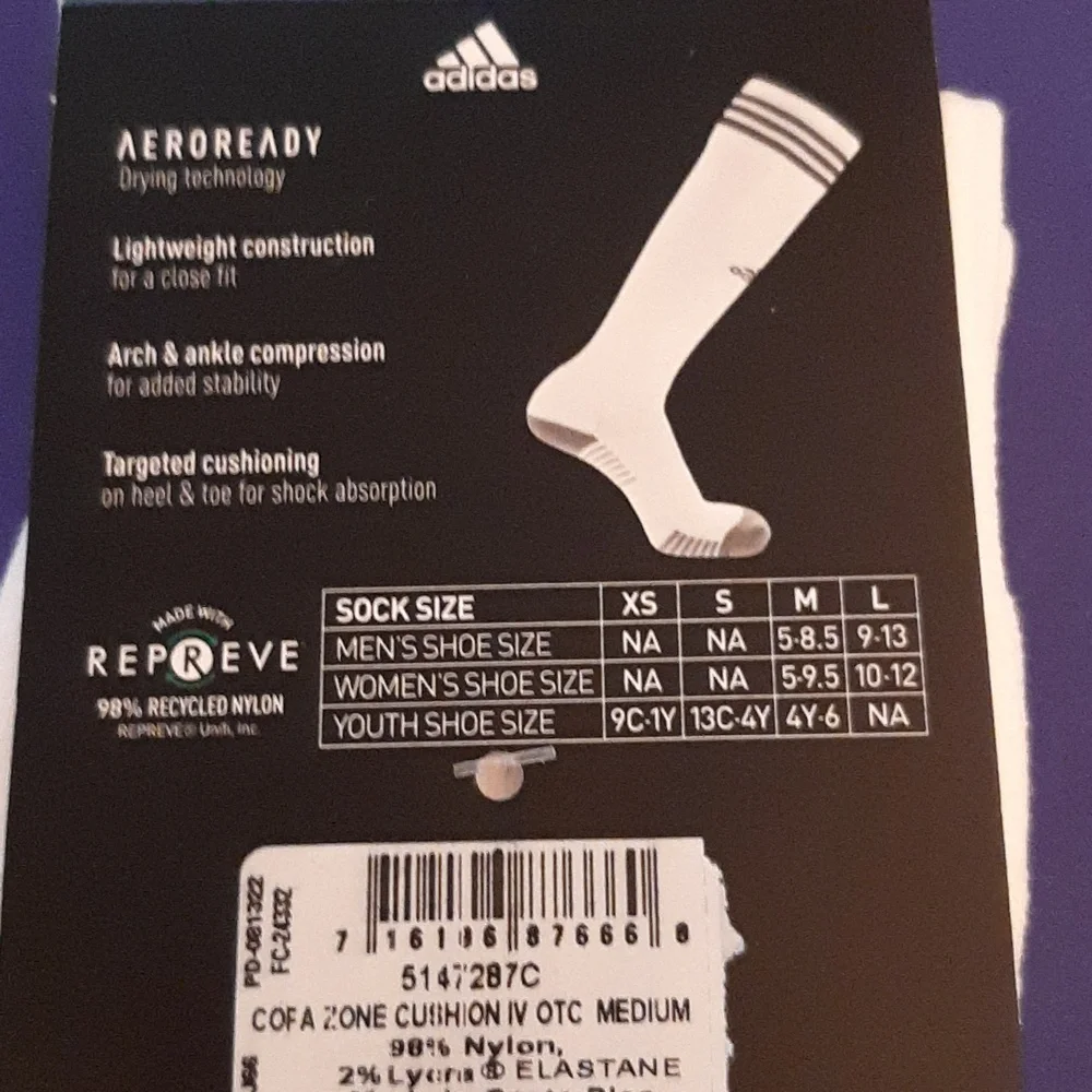 adidas NWT White Soccer Socks with Black Stripes Size M